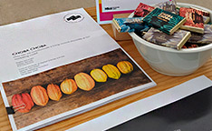 Project dossier on table next to it Chocolate in a bowl