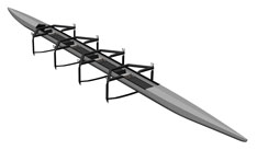 Visualisierung eines Ruderboots mit Tragflügeln (Hydrofoils), mittels derer das Boot bei einer darauf ausgelegten Geschwindigkeit aus dem Wasser gehoben werden kann.