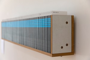 Ein Bücherregal gefüllt mit einer Reihe des gleichen Buches. Oben lugt ein Zettel hervor, auf dem steht «Liebe Leser_in»