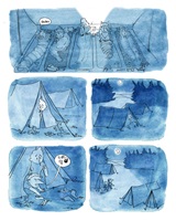 Nachts liegen die Kinder in Schlafsäcken, eine Figur hat Angst, alleine rauszugehen, und weckt eine andere. Der Stil ist humorvoll und farbenfroh mit blauen Nachtszenen und hellen Tagesszenen.