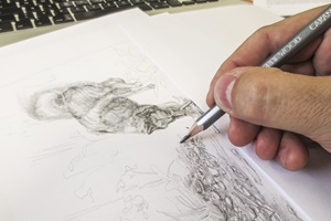 Bleistiftzeichnung eines prähistorischen Hundes