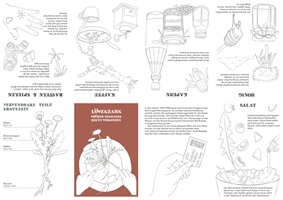 Eine Ausstellungstafel und verschiedene Illustrationen über Wildkräuter, insbesondere Spitzwegerich, Löwenzahn, Brennnessel und Bärlauch. Die Gestaltung kombiniert detailreiche Schwarz-Weiss-Skizzen und farbige Illustrationen, ergänzt durch erklärende Texte. Im Vordergrund ein Faltheft in der Hand, das mit klaren Grafiken den praktischen Gebrauch der Pflanzen darstellt.