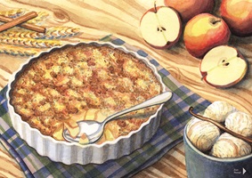 Handgezeichnete Illustrationen und Infografiken eines Design-Abschlussprojekts: farbenfrohe Rezepte, Zutaten und Küchenszenen, die Gerichte wie Fajitas und Apfel-Crumble zeigen und den Kochprozess anschaulich darstellen.