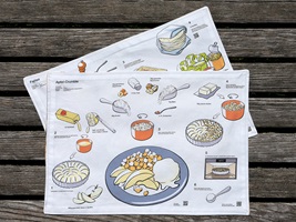 Handgezeichnete Illustrationen und Infografiken eines Design-Abschlussprojekts: farbenfrohe Rezepte, Zutaten und Küchenszenen, die Gerichte wie Fajitas und Apfel-Crumble zeigen und den Kochprozess anschaulich darstellen.