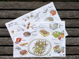 Handgezeichnete Illustrationen und Infografiken eines Design-Abschlussprojekts: farbenfrohe Rezepte, Zutaten und Küchenszenen, die Gerichte wie Fajitas und Apfel-Crumble zeigen und den Kochprozess anschaulich darstellen.