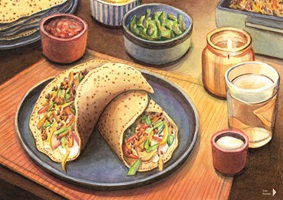 Handgezeichnete Illustrationen und Infografiken eines Design-Abschlussprojekts: farbenfrohe Rezepte, Zutaten und Küchenszenen, die Gerichte wie Fajitas und Apfel-Crumble zeigen und den Kochprozess anschaulich darstellen.