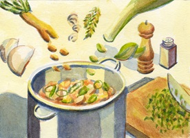 Handgezeichnete Illustrationen und Infografiken eines Design-Abschlussprojekts: farbenfrohe Rezepte, Zutaten und Küchenszenen, die Gerichte wie Fajitas und Apfel-Crumble zeigen und den Kochprozess anschaulich darstellen.