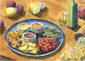 Handgezeichnete Illustrationen und Infografiken eines Design-Abschlussprojekts: farbenfrohe Rezepte, Zutaten und Küchenszenen, die Gerichte wie Fajitas und Apfel-Crumble zeigen und den Kochprozess anschaulich darstellen.