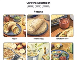 Handgezeichnete Illustrationen und Infografiken eines Design-Abschlussprojekts: farbenfrohe Rezepte, Zutaten und Küchenszenen, die Gerichte wie Fajitas und Apfel-Crumble zeigen und den Kochprozess anschaulich darstellen.