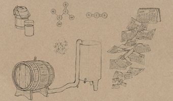 Illustration der Weinherstellung: von der Traubenlese über das Entrappen und Maischen bis zur Gärung, Lagerung im Holzfass, Filtern und Abfüllen. Gezeigt werden Hände bei der Arbeit, Geräte wie Kelter, Fässer und Kalenderblätter, die den Reifeprozess symbolisieren. Detaillierte Zeichnungen auf braunem Hintergrund veranschaulichen anschaulich die einzelnen Schritte der Vinifikation.