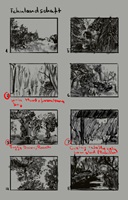 Illustrationen und Skizzen einer visuellen Arbeit über Erinnerungen an Krieg und Nachkriegszeit; Szenen mit Menschen, Landschaften, Gebäuden und Objekten in malerischem Stil.