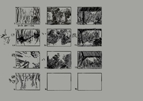 Illustrationen und Skizzen einer visuellen Arbeit über Erinnerungen an Krieg und Nachkriegszeit; Szenen mit Menschen, Landschaften, Gebäuden und Objekten in malerischem Stil.