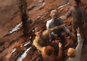 Illustrationen und Skizzen einer visuellen Arbeit über Erinnerungen an Krieg und Nachkriegszeit; Szenen mit Menschen, Landschaften, Gebäuden und Objekten in malerischem Stil.