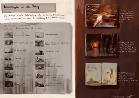 Illustrationen und Skizzen einer visuellen Arbeit über Erinnerungen an Krieg und Nachkriegszeit; Szenen mit Menschen, Landschaften, Gebäuden und Objekten in malerischem Stil.