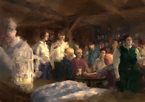 Illustrationen und Skizzen einer visuellen Arbeit über Erinnerungen an Krieg und Nachkriegszeit; Szenen mit Menschen, Landschaften, Gebäuden und Objekten in malerischem Stil.