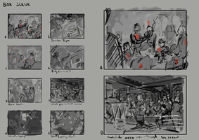 Illustrationen und Skizzen einer visuellen Arbeit über Erinnerungen an Krieg und Nachkriegszeit; Szenen mit Menschen, Landschaften, Gebäuden und Objekten in malerischem Stil.