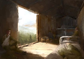 Illustrationen und Skizzen einer visuellen Arbeit über Erinnerungen an Krieg und Nachkriegszeit; Szenen mit Menschen, Landschaften, Gebäuden und Objekten in malerischem Stil.