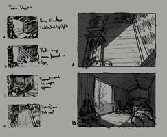 Illustrationen und Skizzen einer visuellen Arbeit über Erinnerungen an Krieg und Nachkriegszeit; Szenen mit Menschen, Landschaften, Gebäuden und Objekten in malerischem Stil.