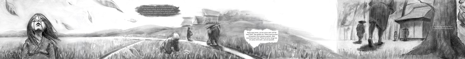 Schwarz-weisse Illustrationen und Skizzen von Raphael Angst aus seiner Abschlussarbeit an der HSLU Design Film Kunst. Die Zeichnungen zeigen Szenen mit Frauen und Kindern in traditioneller japanischer Kleidung sowie Landschaften, Architektur und Innenräume. Der Stil ist fein schraffiert und stimmungsvoll, mit Fokus auf Emotionen und Erzählung.