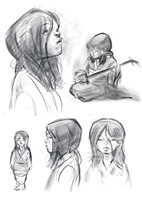 Schwarz-weisse Illustrationen und Skizzen von Raphael Angst aus seiner Abschlussarbeit an der HSLU Design Film Kunst. Die Zeichnungen zeigen Szenen mit Frauen und Kindern in traditioneller japanischer Kleidung sowie Landschaften, Architektur und Innenräume. Der Stil ist fein schraffiert und stimmungsvoll, mit Fokus auf Emotionen und Erzählung.