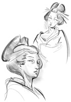 Schwarz-weisse Illustrationen und Skizzen von Raphael Angst aus seiner Abschlussarbeit an der HSLU Design Film Kunst. Die Zeichnungen zeigen Szenen mit Frauen und Kindern in traditioneller japanischer Kleidung sowie Landschaften, Architektur und Innenräume. Der Stil ist fein schraffiert und stimmungsvoll, mit Fokus auf Emotionen und Erzählung.