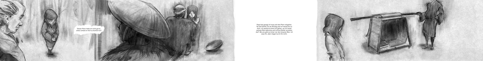 Schwarz-weisse Illustrationen und Skizzen von Raphael Angst aus seiner Abschlussarbeit an der HSLU Design Film Kunst. Die Zeichnungen zeigen Szenen mit Frauen und Kindern in traditioneller japanischer Kleidung sowie Landschaften, Architektur und Innenräume. Der Stil ist fein schraffiert und stimmungsvoll, mit Fokus auf Emotionen und Erzählung.