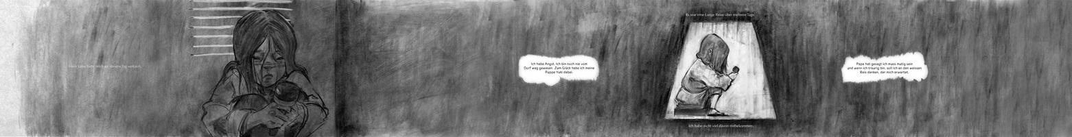 Schwarz-weisse Illustrationen und Skizzen von Raphael Angst aus seiner Abschlussarbeit an der HSLU Design Film Kunst. Die Zeichnungen zeigen Szenen mit Frauen und Kindern in traditioneller japanischer Kleidung sowie Landschaften, Architektur und Innenräume. Der Stil ist fein schraffiert und stimmungsvoll, mit Fokus auf Emotionen und Erzählung.