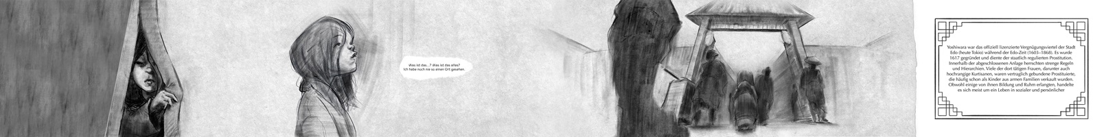 Schwarz-weisse Illustrationen und Skizzen von Raphael Angst aus seiner Abschlussarbeit an der HSLU Design Film Kunst. Die Zeichnungen zeigen Szenen mit Frauen und Kindern in traditioneller japanischer Kleidung sowie Landschaften, Architektur und Innenräume. Der Stil ist fein schraffiert und stimmungsvoll, mit Fokus auf Emotionen und Erzählung.