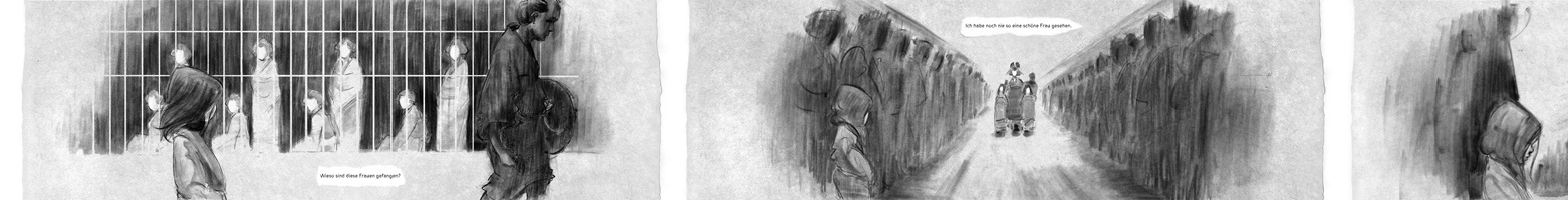 Schwarz-weisse Illustrationen und Skizzen von Raphael Angst aus seiner Abschlussarbeit an der HSLU Design Film Kunst. Die Zeichnungen zeigen Szenen mit Frauen und Kindern in traditioneller japanischer Kleidung sowie Landschaften, Architektur und Innenräume. Der Stil ist fein schraffiert und stimmungsvoll, mit Fokus auf Emotionen und Erzählung.