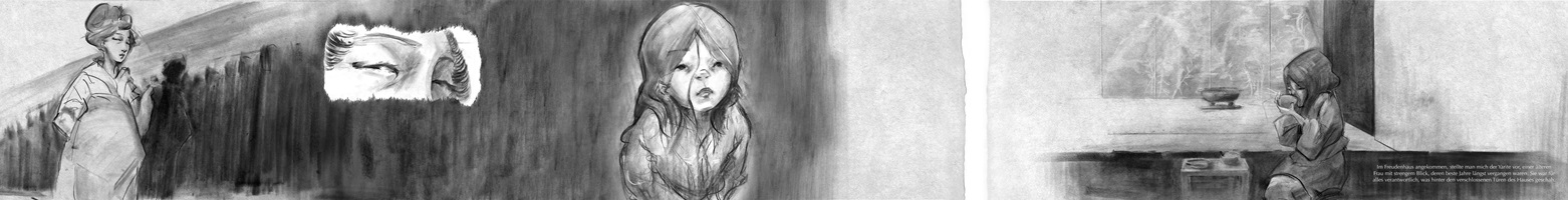 Schwarz-weisse Illustrationen und Skizzen von Raphael Angst aus seiner Abschlussarbeit an der HSLU Design Film Kunst. Die Zeichnungen zeigen Szenen mit Frauen und Kindern in traditioneller japanischer Kleidung sowie Landschaften, Architektur und Innenräume. Der Stil ist fein schraffiert und stimmungsvoll, mit Fokus auf Emotionen und Erzählung.