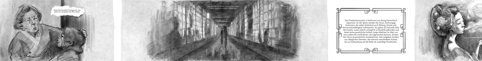 Schwarz-weisse Illustrationen und Skizzen von Raphael Angst aus seiner Abschlussarbeit an der HSLU Design Film Kunst. Die Zeichnungen zeigen Szenen mit Frauen und Kindern in traditioneller japanischer Kleidung sowie Landschaften, Architektur und Innenräume. Der Stil ist fein schraffiert und stimmungsvoll, mit Fokus auf Emotionen und Erzählung.