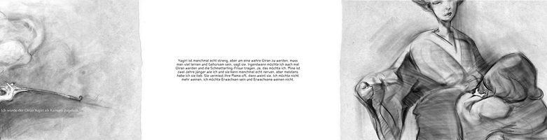 Schwarz-weisse Illustrationen und Skizzen von Raphael Angst aus seiner Abschlussarbeit an der HSLU Design Film Kunst. Die Zeichnungen zeigen Szenen mit Frauen und Kindern in traditioneller japanischer Kleidung sowie Landschaften, Architektur und Innenräume. Der Stil ist fein schraffiert und stimmungsvoll, mit Fokus auf Emotionen und Erzählung.