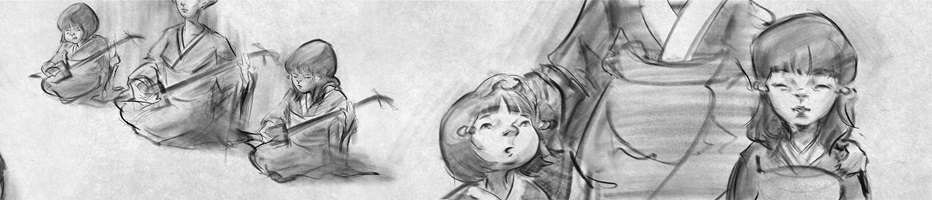 Schwarz-weisse Illustrationen und Skizzen von Raphael Angst aus seiner Abschlussarbeit an der HSLU Design Film Kunst. Die Zeichnungen zeigen Szenen mit Frauen und Kindern in traditioneller japanischer Kleidung sowie Landschaften, Architektur und Innenräume. Der Stil ist fein schraffiert und stimmungsvoll, mit Fokus auf Emotionen und Erzählung.