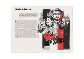 Collageartige Darstellungen zur Zarenherrschaft und russischen Geschichte mit Porträts, Kronen, Wappen, Palästen, Stammbäumen sowie Symbolen der Revolution und Sowjetunion wie Hammer und Sichel, Lenin und Stalin.
