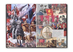Collageartige Darstellungen zur Zarenherrschaft und russischen Geschichte mit Porträts, Kronen, Wappen, Palästen, Stammbäumen sowie Symbolen der Revolution und Sowjetunion wie Hammer und Sichel, Lenin und Stalin.