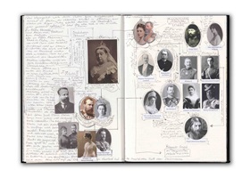 Collageartige Darstellungen zur Zarenherrschaft und russischen Geschichte mit Porträts, Kronen, Wappen, Palästen, Stammbäumen sowie Symbolen der Revolution und Sowjetunion wie Hammer und Sichel, Lenin und Stalin.