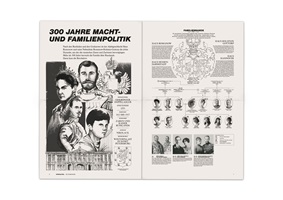 Collageartige Darstellungen zur Zarenherrschaft und russischen Geschichte mit Porträts, Kronen, Wappen, Palästen, Stammbäumen sowie Symbolen der Revolution und Sowjetunion wie Hammer und Sichel, Lenin und Stalin.