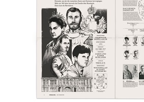 Collageartige Darstellungen zur Zarenherrschaft und russischen Geschichte mit Porträts, Kronen, Wappen, Palästen, Stammbäumen sowie Symbolen der Revolution und Sowjetunion wie Hammer und Sichel, Lenin und Stalin.