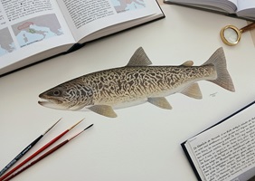 Naturgetreue Illustrationen und Zeichnungen von Forellen und ihrem Lebensraum in der Schweiz, inklusive wissenschaftlicher Detailansichten und Informationsgrafiken.