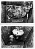 Detaillierte schwarz-weiss Kohleskizzen einer Beiz ein der Schweiz, die die Funktion der Beiz als dritten Ort untersucht und beobachtet.