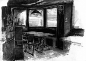 Detaillierte schwarz-weiss Kohleskizzen einer Beiz ein der Schweiz, die die Funktion der Beiz als dritten Ort untersucht und beobachtet.