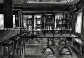 Detaillierte schwarz-weiss Kohleskizzen einer Beiz ein der Schweiz, die die Funktion der Beiz als dritten Ort untersucht und beobachtet.