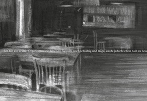 Detaillierte schwarz-weiss Kohleskizzen einer Beiz ein der Schweiz, die die Funktion der Beiz als dritten Ort untersucht und beobachtet.