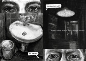 Detaillierte schwarz-weiss Kohleskizzen einer Beiz ein der Schweiz, die die Funktion der Beiz als dritten Ort untersucht und beobachtet.