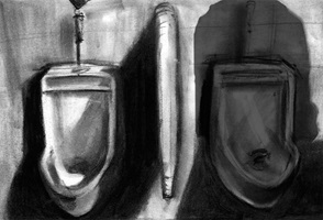 Detaillierte schwarz-weiss Kohleskizzen einer Beiz ein der Schweiz, die die Funktion der Beiz als dritten Ort untersucht und beobachtet.