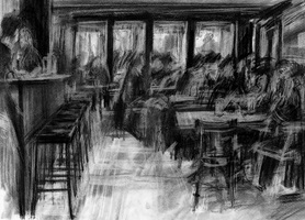 Detaillierte schwarz-weiss Kohleskizzen einer Beiz ein der Schweiz, die die Funktion der Beiz als dritten Ort untersucht und beobachtet.