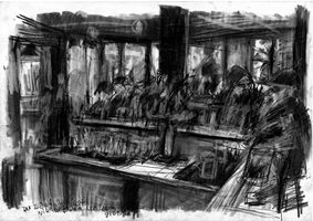 Detaillierte schwarz-weiss Kohleskizzen einer Beiz ein der Schweiz, die die Funktion der Beiz als dritten Ort untersucht und beobachtet.