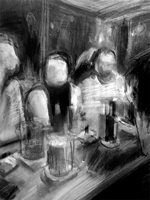 Detaillierte schwarz-weiss Kohleskizzen einer Beiz ein der Schweiz, die die Funktion der Beiz als dritten Ort untersucht und beobachtet.