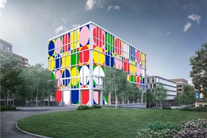Urban Fabrics – Visualisierung des Projekts «4gewinnt»,  Storengestaltung für die Gebäude Suurstoffi 43 und 45 in Rotkreuz. Caroline Gruber und Lara Grünenfelder