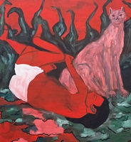 Ein Bild in roten und grünen Farben von einem Mädchen und einer Katze